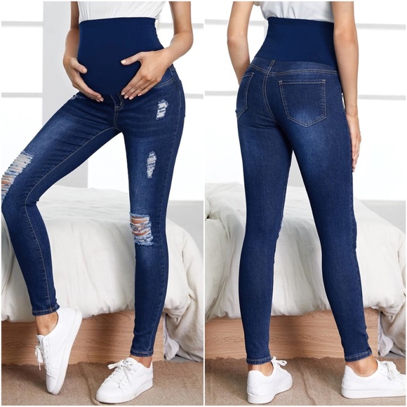 Maternity Dark Wash Distressed Skinny Denim Jeans - Picture 2 of 2